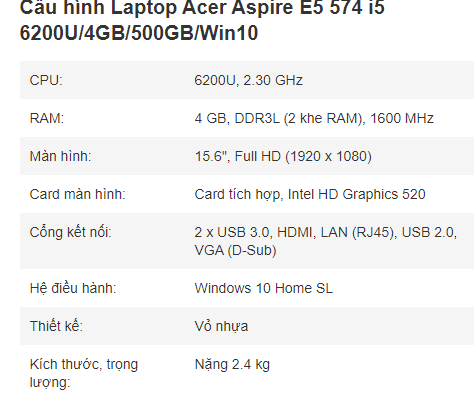 Laptop Acer E5-574 core i56200u/8gb/256