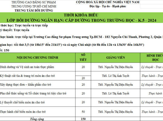 Tuyển sinh lớp Cấp dưỡng trong trường mầm non